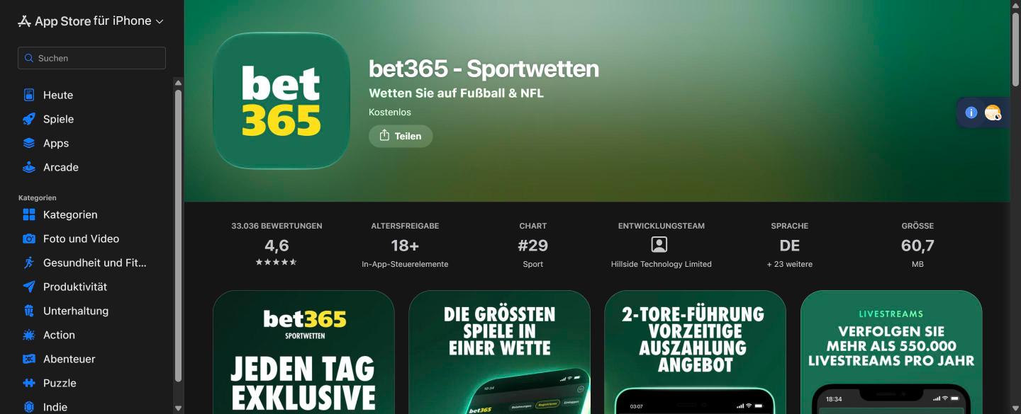bet365 Sportwetten App im Apple App Store: Bewertung 4,6 bei &uuml;ber 33.000 Bewertungen