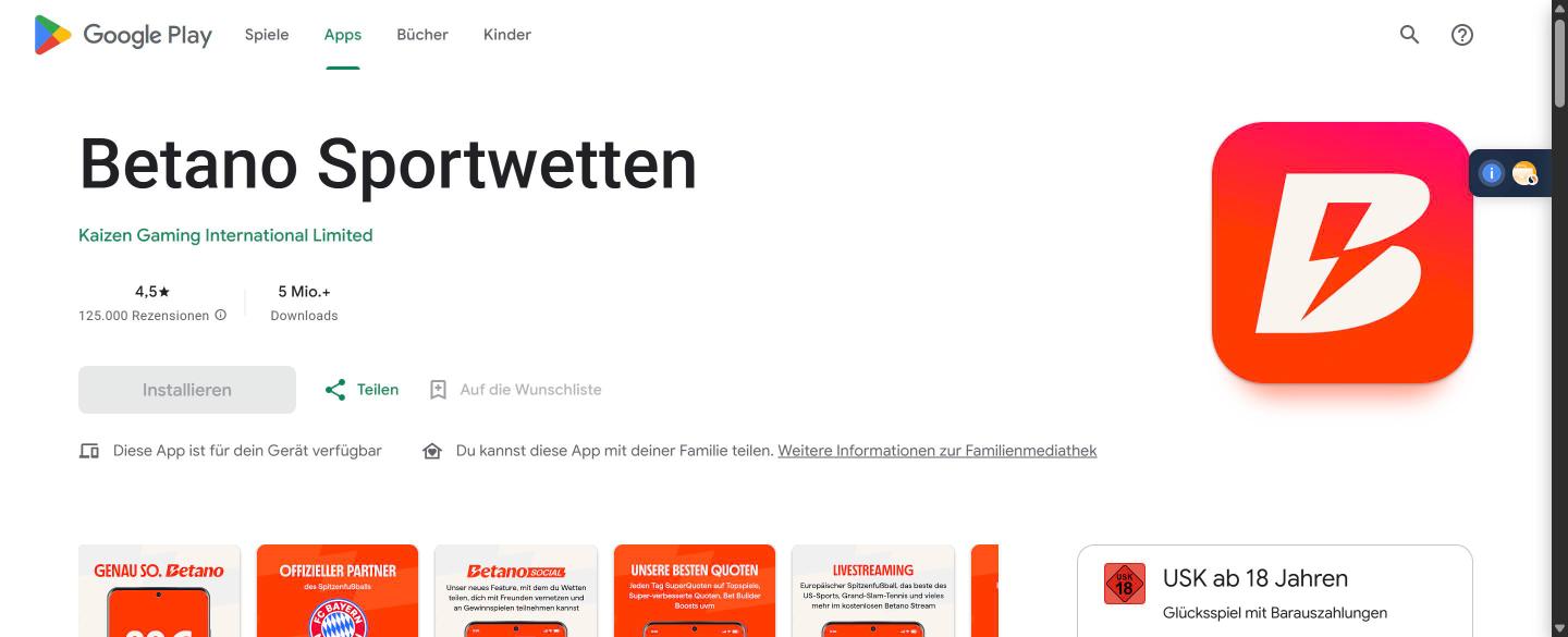 Betano Sportwetten App bei Google Play: Bewertung 4,5, &uuml;ber 5 Millionen Downloads