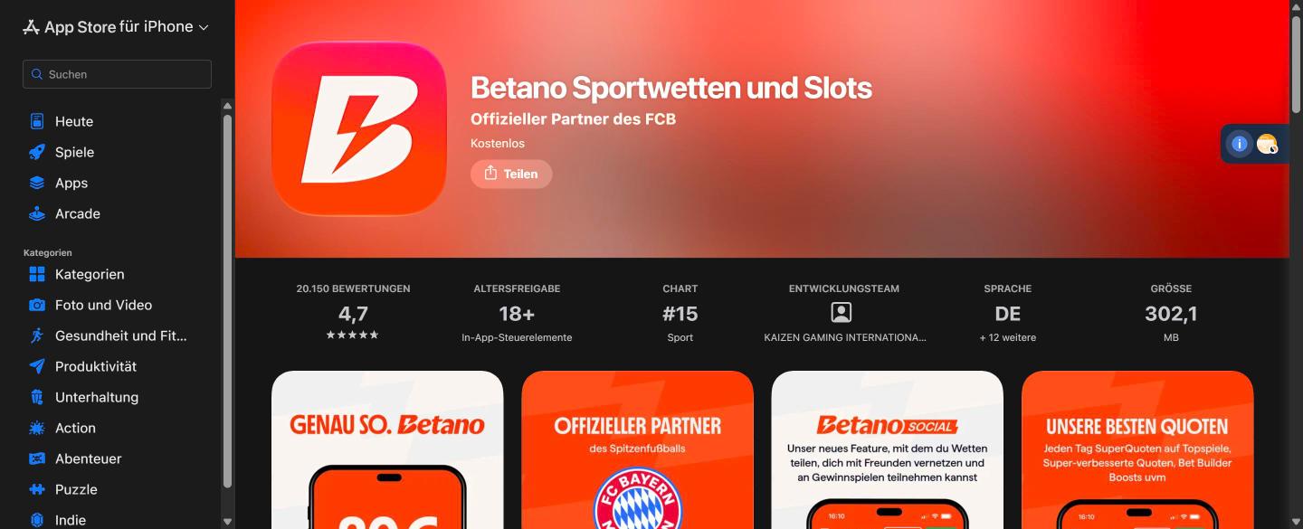 Betano Sportwetten App im Apple App Store: Bewertung 4,7 bei &uuml;ber 20.000 Bewertungen