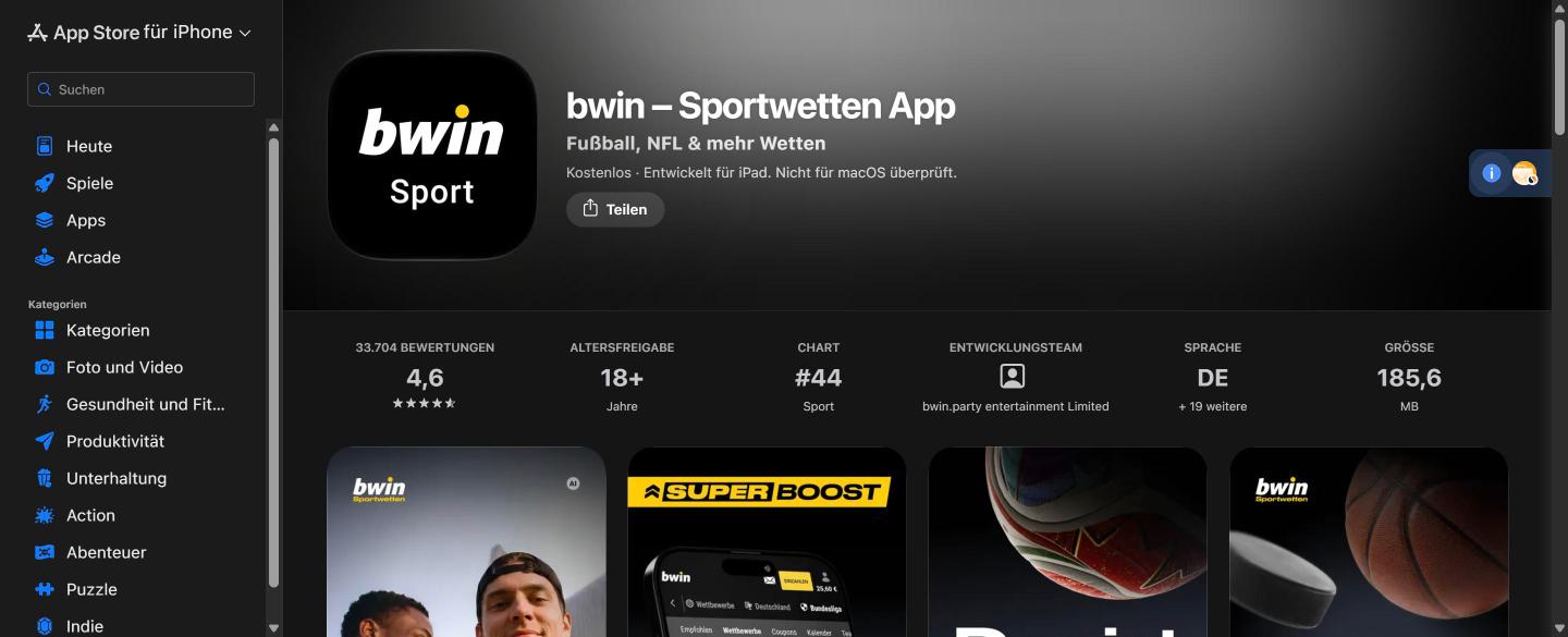 bwin Sportwetten App im Apple App Store: Bewertung 4,6 bei &uuml;ber 33.000 Bewertungen