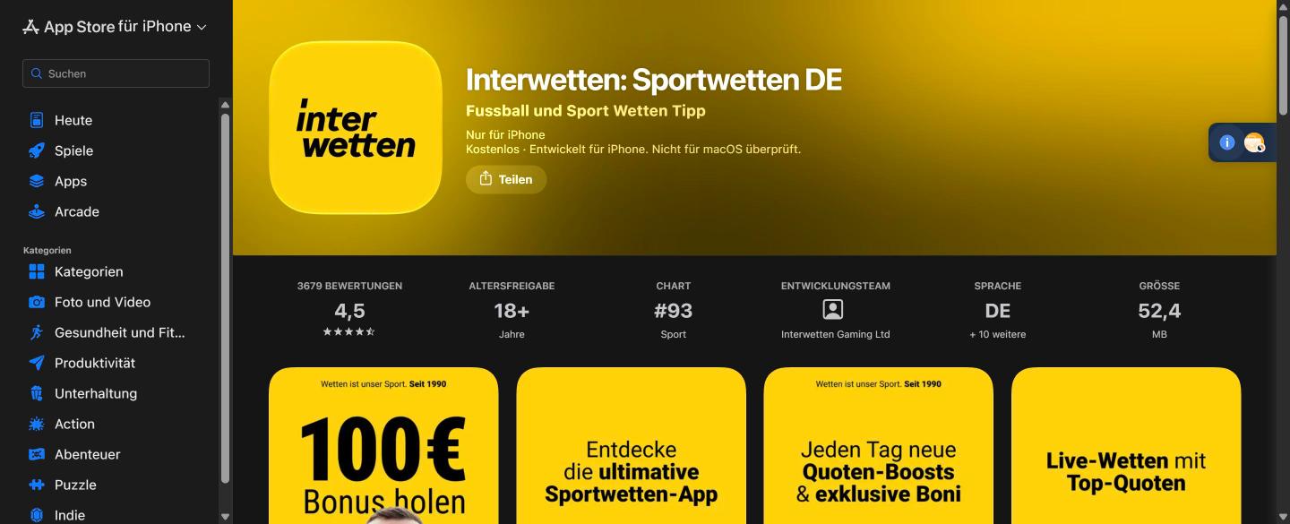 Interwetten Sportwetten App im Apple App Store: Bewertung 4,5