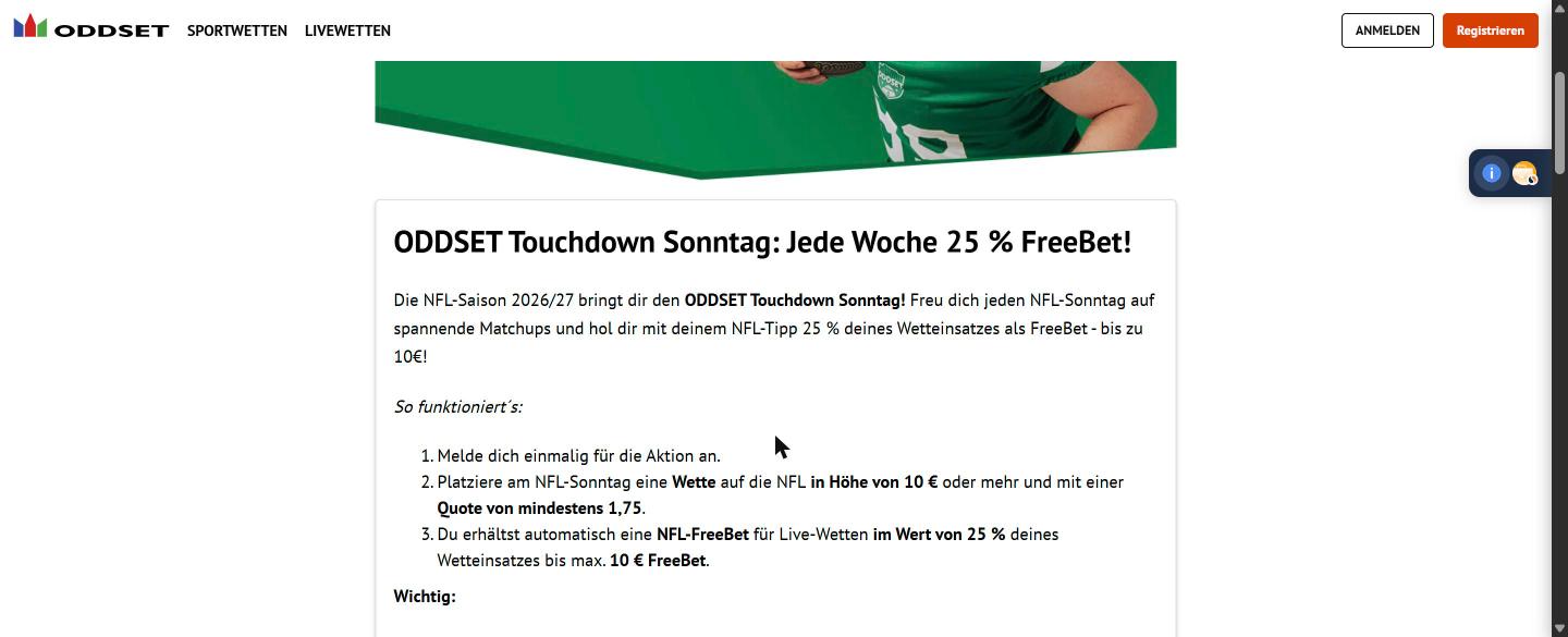ODDSET Touchdown Sonntag: 25 % FreeBet bis 10 Euro für NFL-Wetten