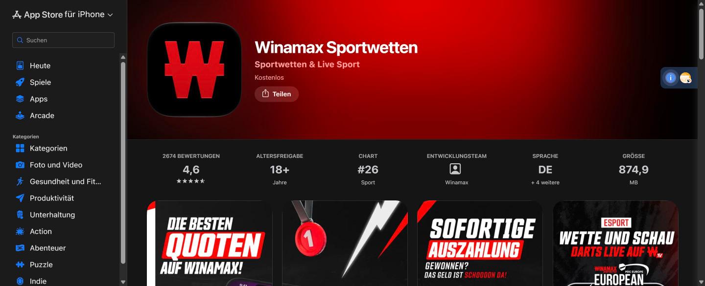 Winamax Sportwetten App im Apple App Store: Bewertung 4,6