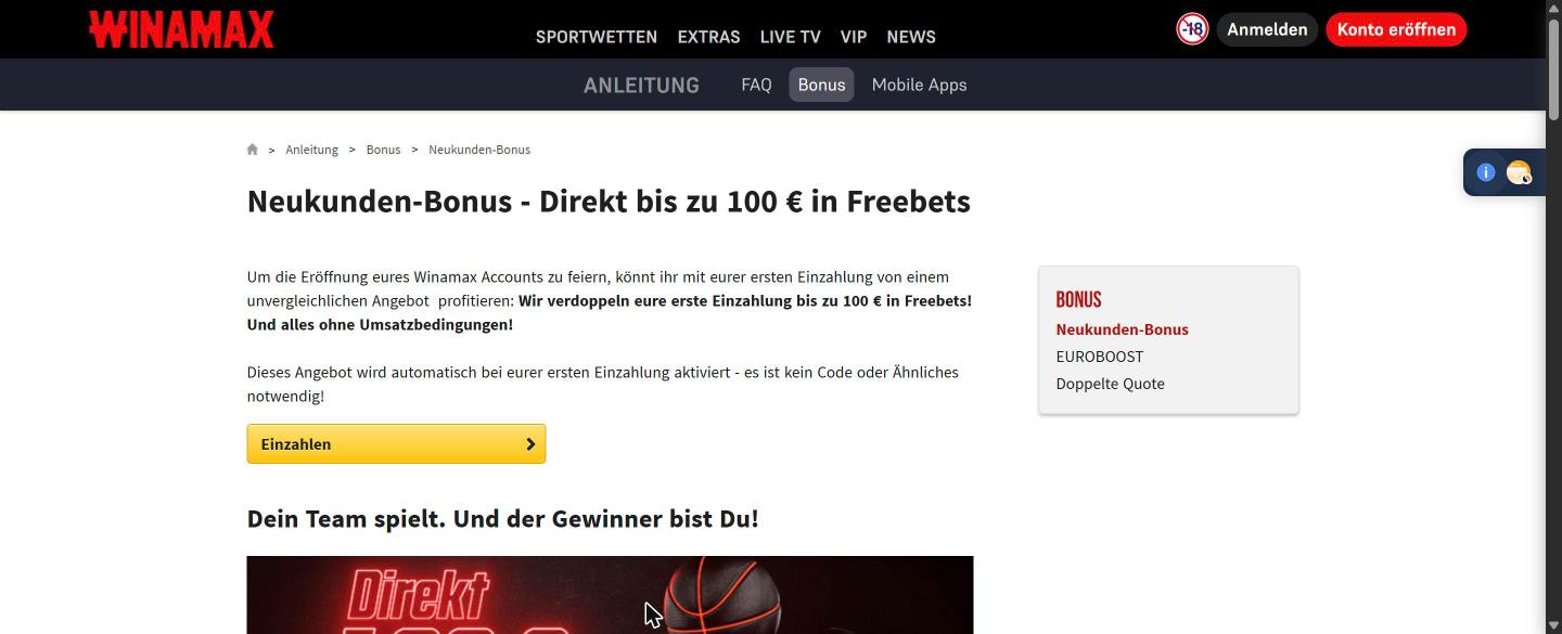 Winamax Neukunden-Bonus: erste Einzahlung bis zu 100 Euro in Freebets verdoppelt